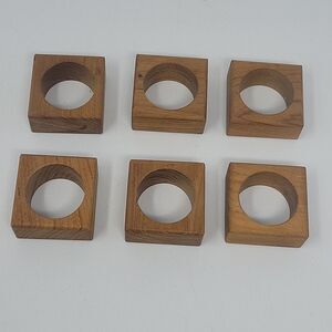 Vintage Wooden Napkin Rings Holders Square Set of 6 Brown Made in Japan 2"